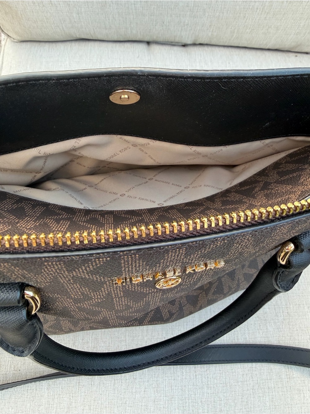 Michael Kors Brown/Black Signature Satchel with Gold Hardware